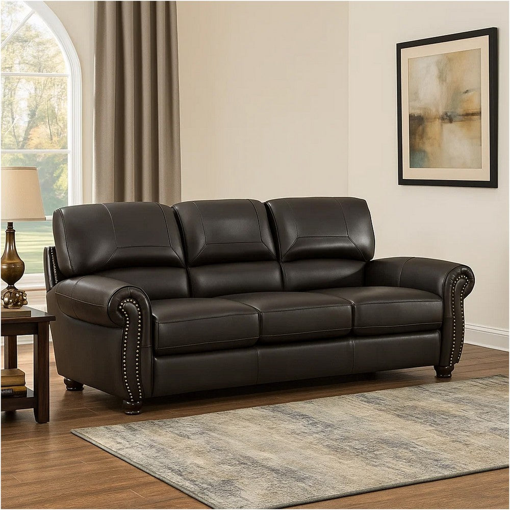 Kia 84 Inch Sofa, Dark Brown Top Grain and Faux Leather, Solid Wood By Casagear Home