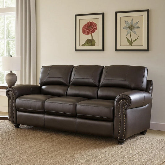 Kia 84 Inch Sofa, Dark Brown Top Grain and Faux Leather, Solid Wood By Casagear Home