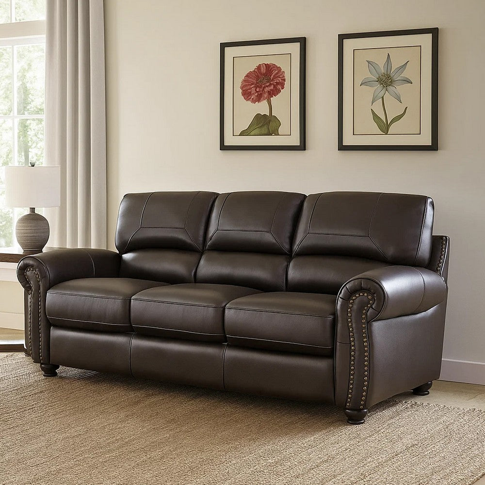 Kia 84 Inch Sofa, Dark Brown Top Grain and Faux Leather, Solid Wood By Casagear Home