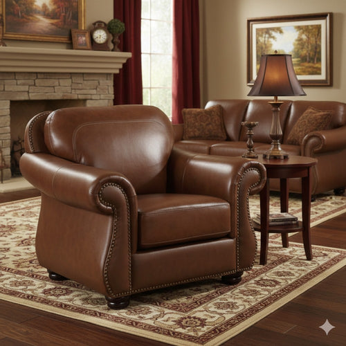 Boro 40 Inch Accent Chair, Brown Top Grain and Faux Leather, Solid Wood By Casagear Home