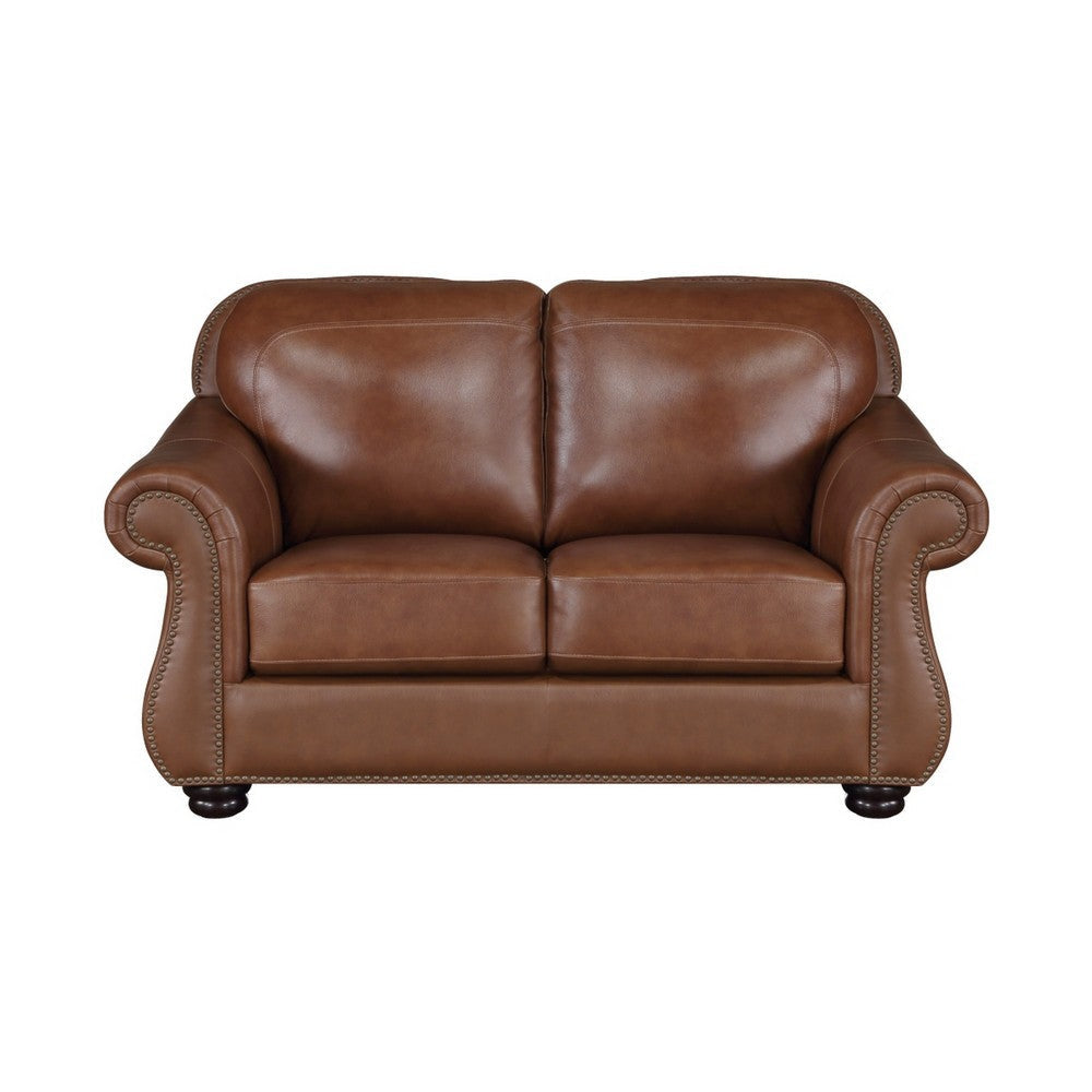 Boro 64 Inch Loveseat Rich Brown Top Grain and Faux Leather Solid Wood By Casagear Home BM315511