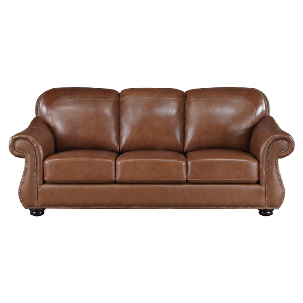 Boro 85 Inch Sofa Rich Brown Top Grain and Faux Leather Solid Wood By Casagear Home BM315512