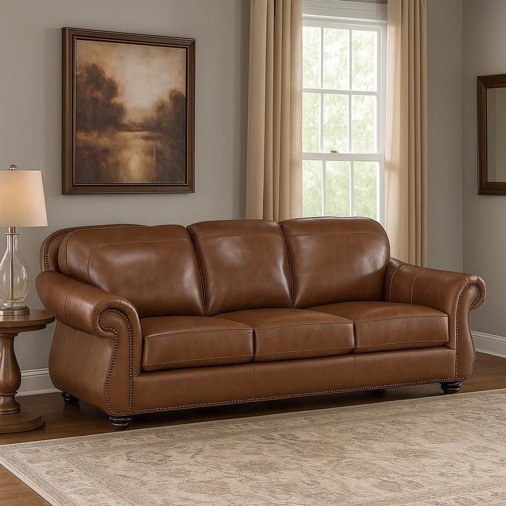 Boro 85 Inch Sofa, Rich Brown Top Grain and Faux Leather, Solid Wood By Casagear Home