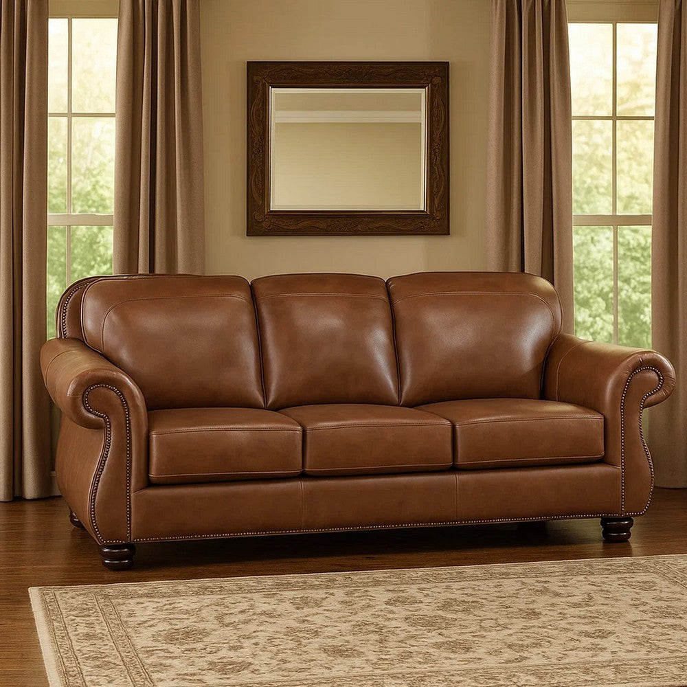 Boro 85 Inch Sofa, Rich Brown Top Grain and Faux Leather, Solid Wood By Casagear Home