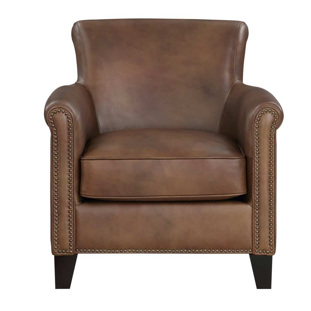 Tria 35 Inch Accent Chair Brown Top Grain and Split Leather Solid Wood By Casagear Home BM315515