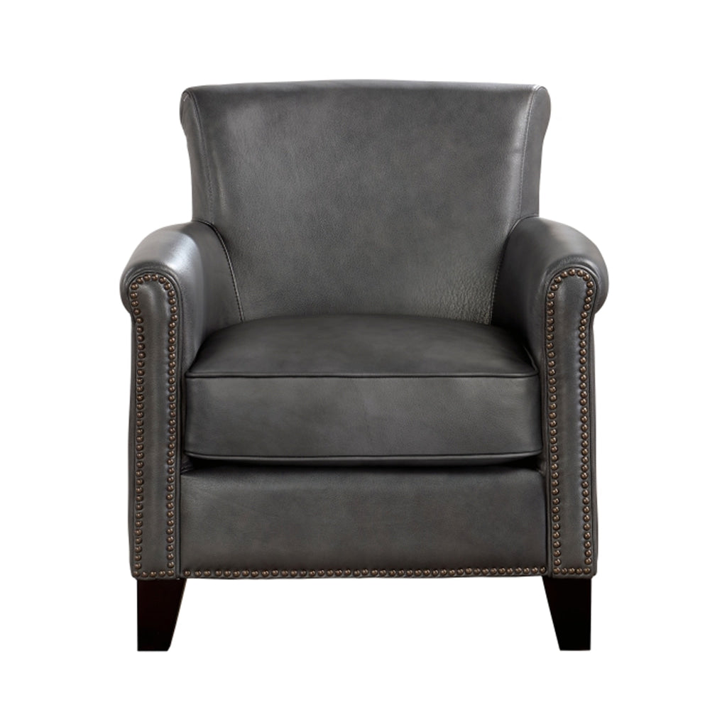 Tria 35 Inch Accent Chair, Gray Top Grain and Split Leather, Brown Wood By Casagear Home