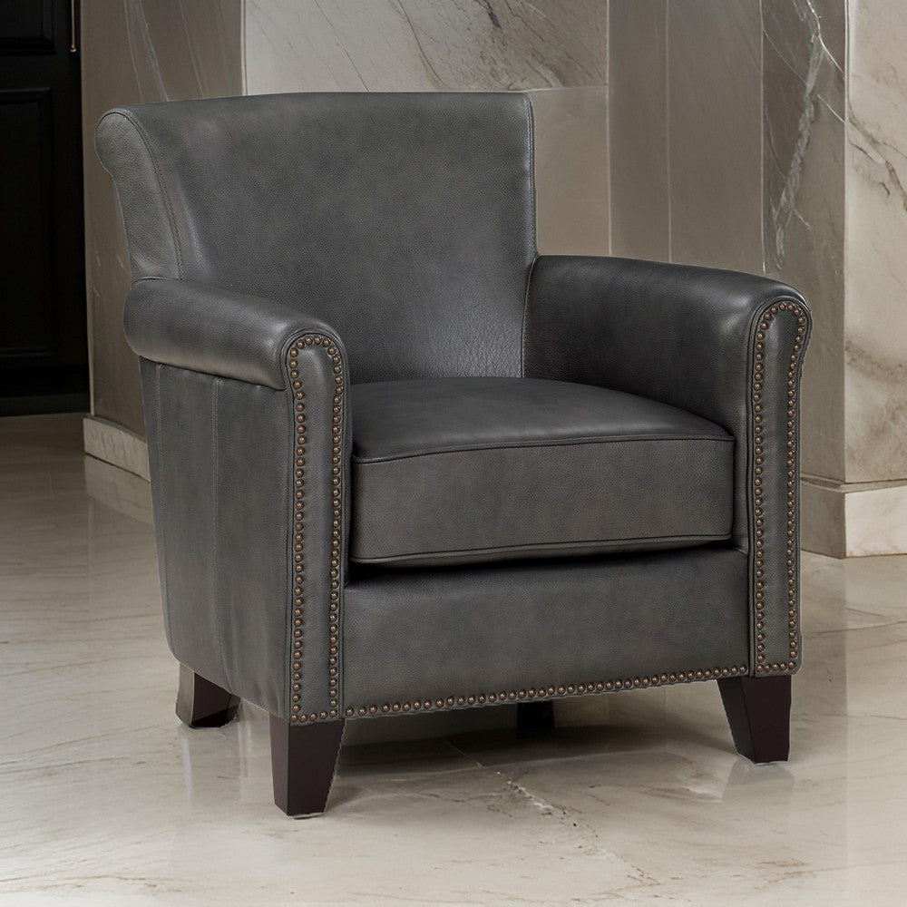 Tria 35 Inch Accent Chair, Gray Top Grain and Split Leather, Brown Wood By Casagear Home