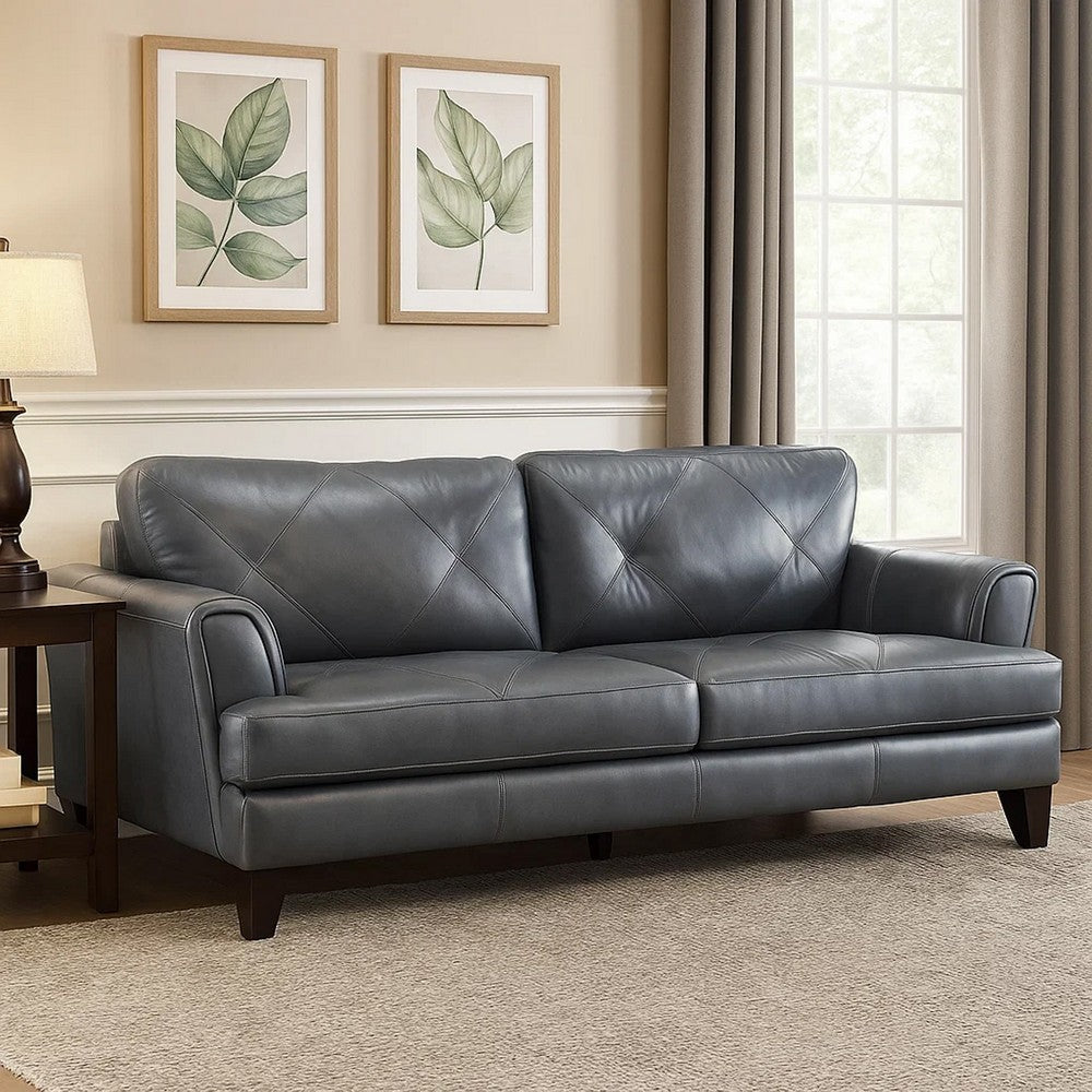 Lisa 88 Inch Sofa, Gray Top Grain and Split Leather, Brown Solid Wood By Casagear Home