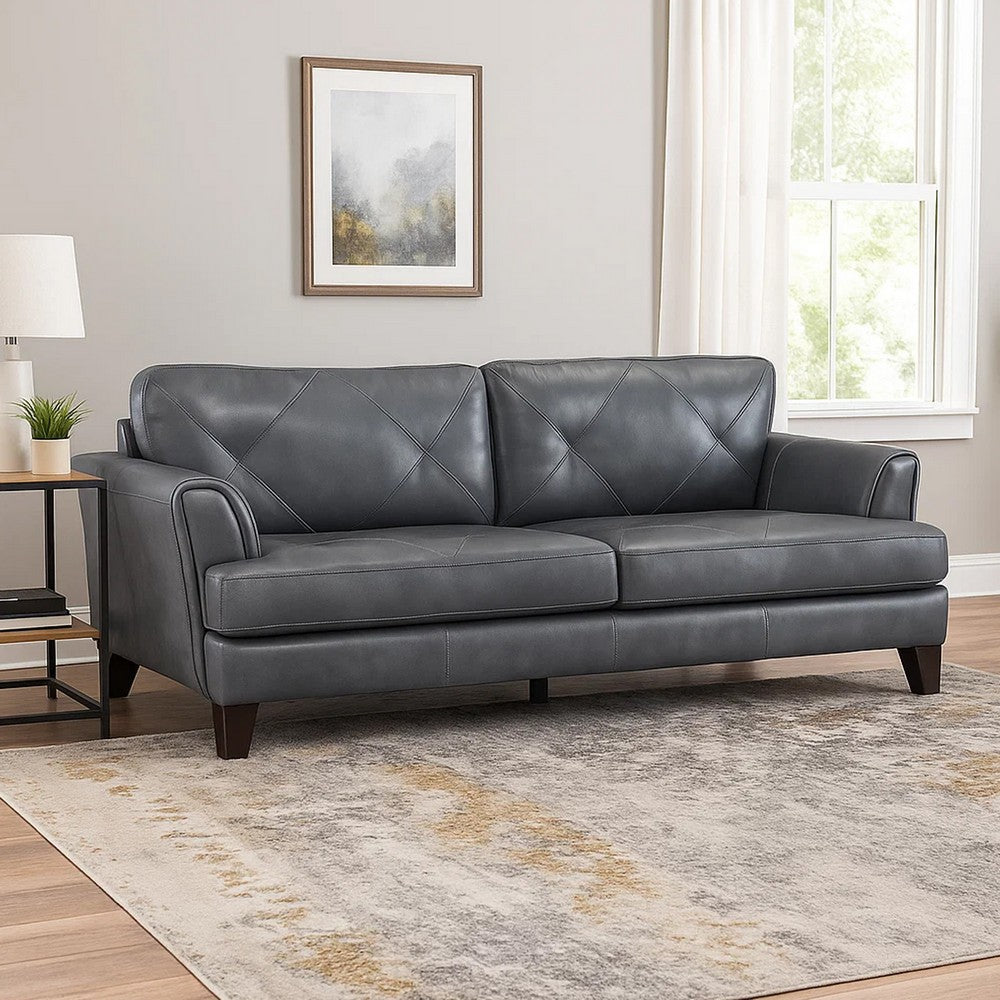 Lisa 88 Inch Sofa, Gray Top Grain and Split Leather, Brown Solid Wood By Casagear Home