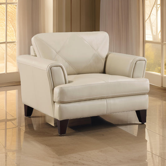 Lisa 38 Inch Accent Chair, Cream Top Grain and Split Leather, Solid Wood By Casagear Home