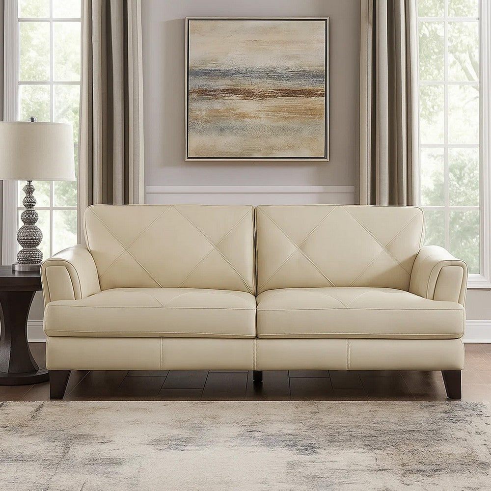 Lisa 88 Inch Sofa, Cream Top Grain and Split Leather, Brown Solid Wood By Casagear Home