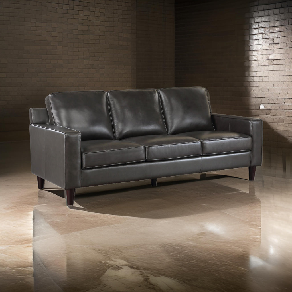 Richie 83 Inch Sofa, Gray Top Grain and Faux Leather, Brown Solid Wood By Casagear Home