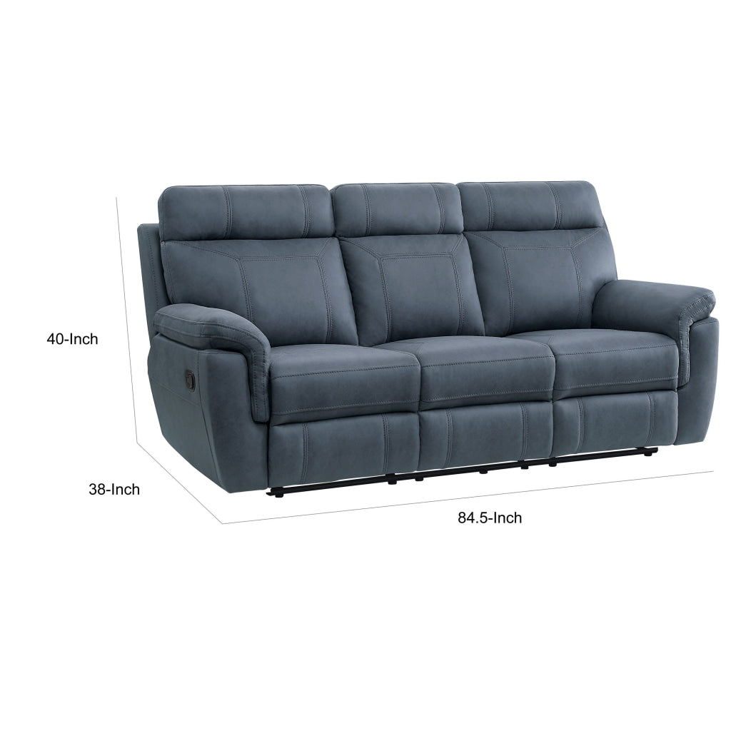 Cliff 85 Inch Manual Reclining Sofa Blue Microfiber Solid Wood Metal By Casagear Home BM315530