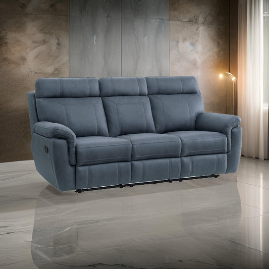 Cliff 85 Inch Manual Reclining Sofa, Blue Microfiber, Solid Wood, Metal By Casagear Home