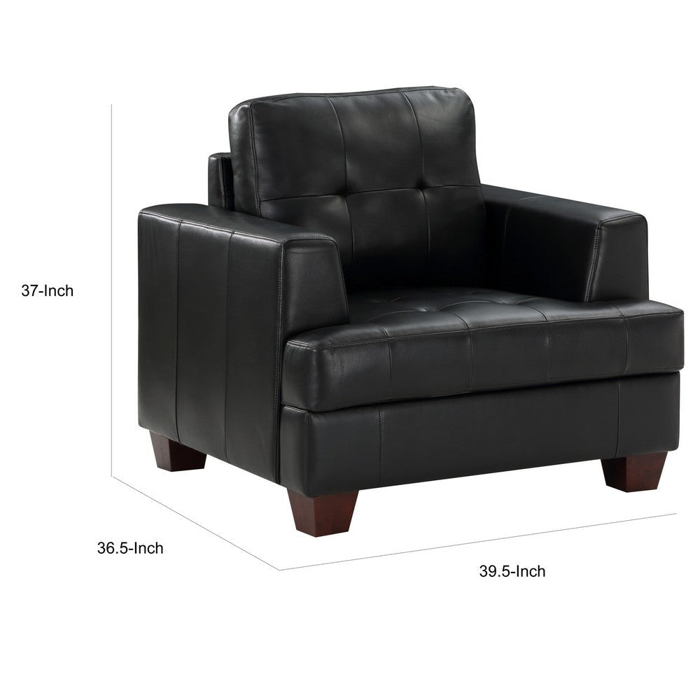 Sina 37 Inch Accent Chair Black Faux Leather Button Tufted Solid Wood By Casagear Home BM315532