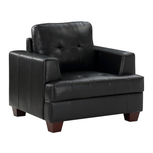 Sina 37 Inch Accent Chair, Black Faux Leather, Button Tufted, Solid Wood By Casagear Home