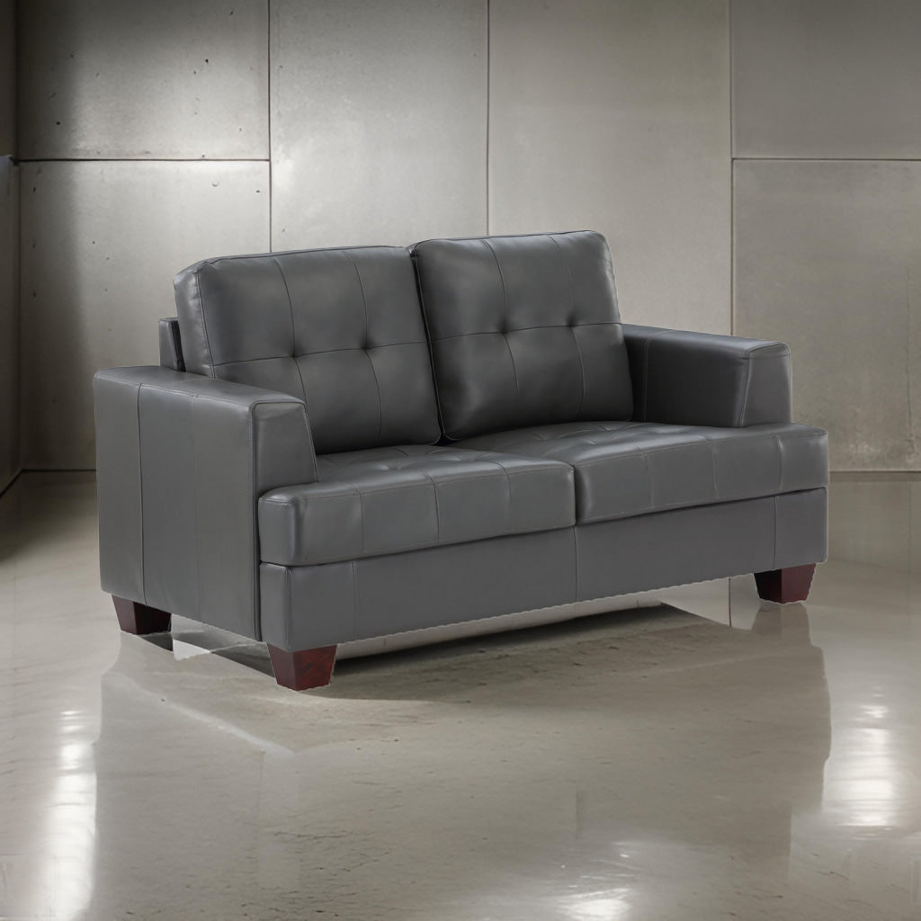 Sina 64 Inch Loveseat Button Tufted Gray Faux Leather and Solid Wood By Casagear Home BM315535