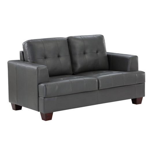 Sina 64 Inch Loveseat, Button Tufted Gray Faux Leather and Solid Wood By Casagear Home