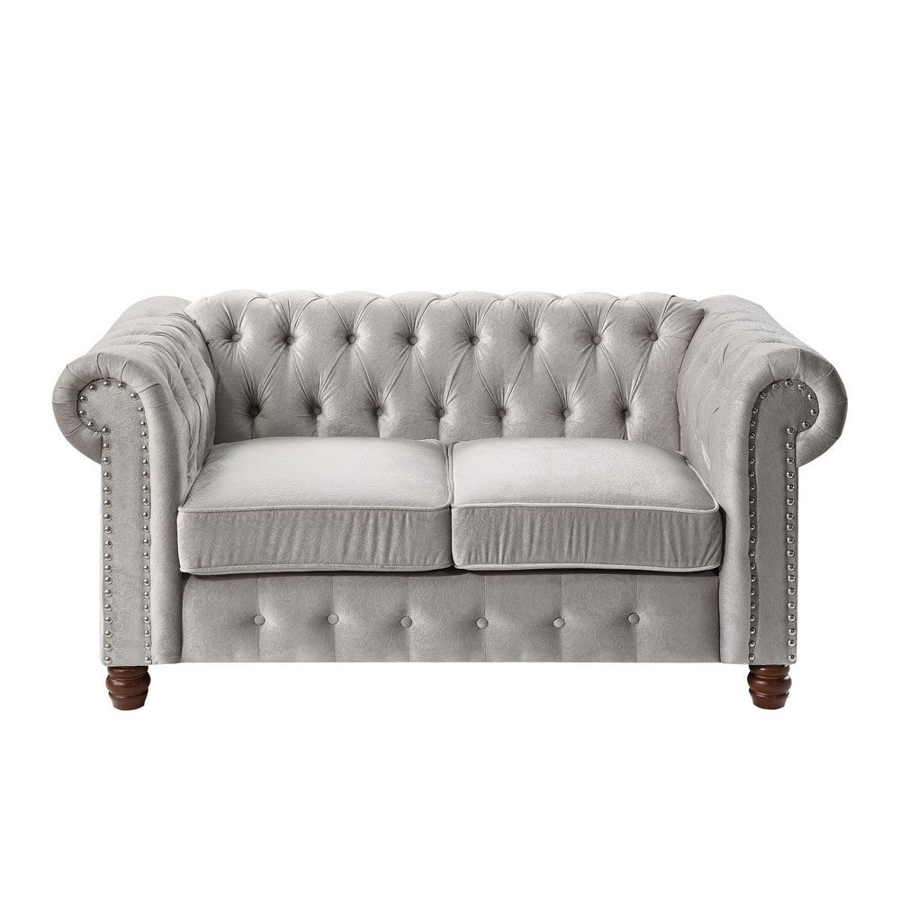 Elwin 64 Inch Loveseat Button Tufted Light Gray Velvet Brown Solid Wood By Casagear Home BM315547