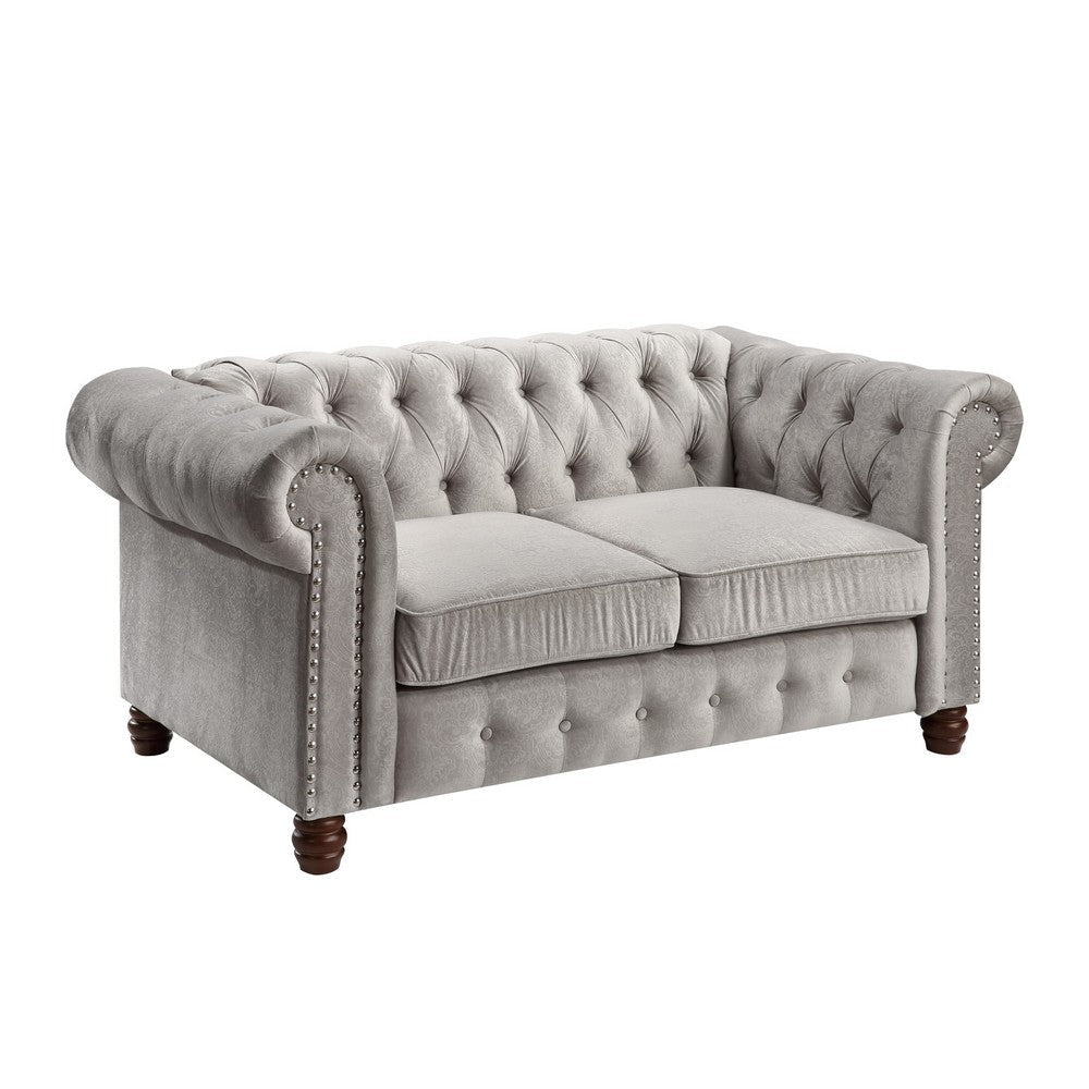 Elwin 64 Inch Loveseat, Button Tufted Light Gray Velvet, Brown Solid Wood By Casagear Home