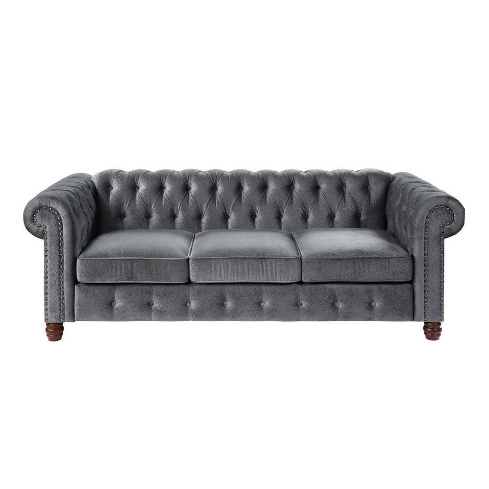 Elwin 86 Inch Sofa Button Tufted Dark Gray Velvet Cherry Brown Solid Wood By Casagear Home BM315548