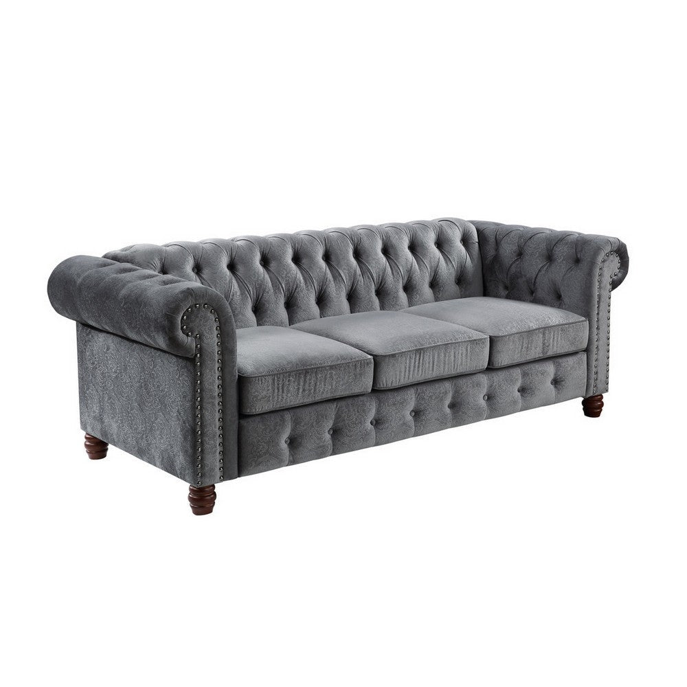 Elwin 86 Inch Sofa, Button Tufted Dark Gray Velvet, Cherry Brown Solid Wood By Casagear Home