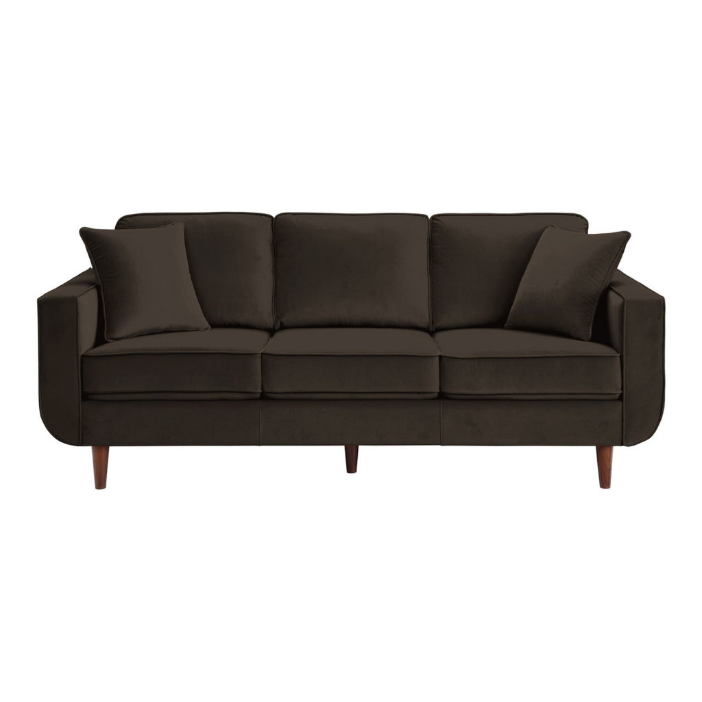 Jim 83 Inch Sofa Chocolate Brown Velvet 2 Accent Pillows Solid Wood By Casagear Home BM315559