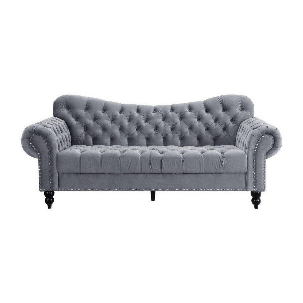 Rosie 84 Inch Sofa Button Tufted Dark Gray Velvet Brown Solid Wood By Casagear Home BM315564