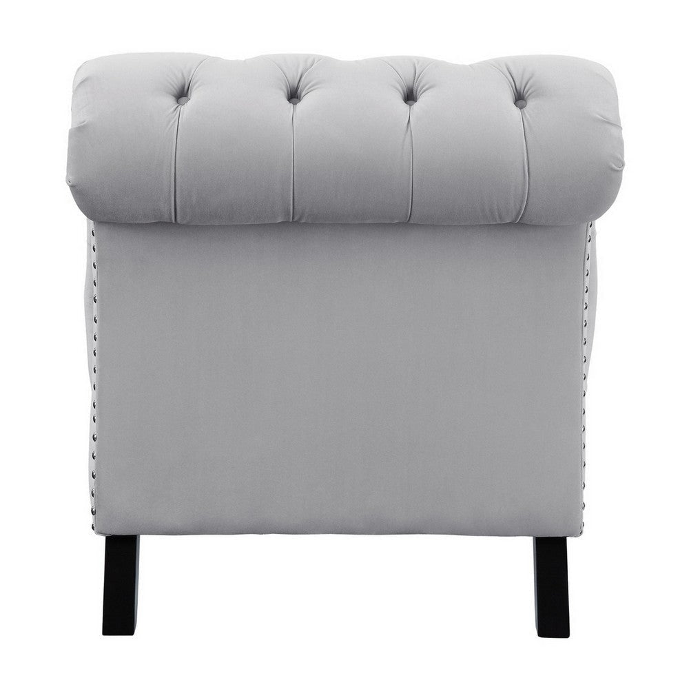 Rosie 68 Inch Chaise Lounger Button Tufted Light Gray Velvet Solid Wood By Casagear Home BM315567