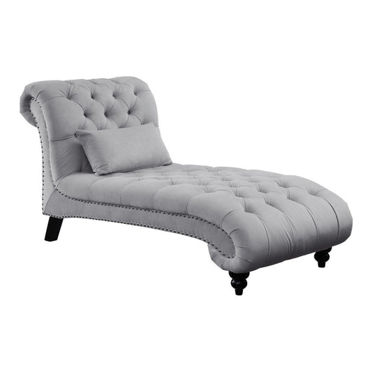 Rosie 68 Inch Chaise Lounger, Button Tufted Light Gray Velvet, Solid Wood By Casagear Home