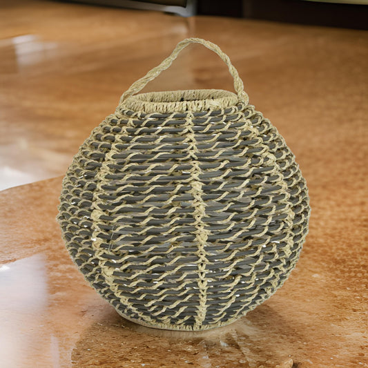 Hani 17 Inch Tabletop Decor Lantern Beige Woven Fiber Oval Shape Gray By Casagear Home BM315587