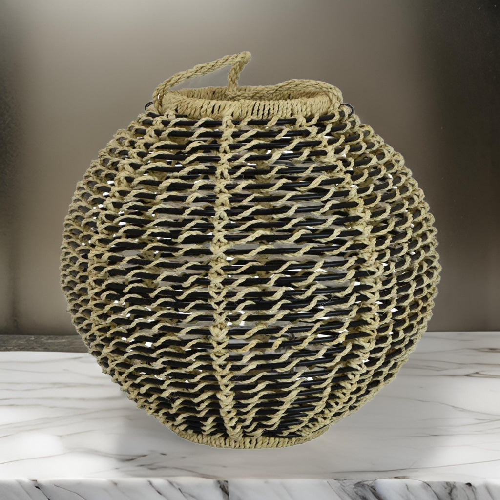 Hani 17 Inch Tabletop Decor Lantern Beige Woven Fiber Oval Shape Black By Casagear Home BM315589