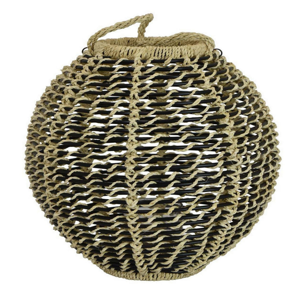 Hani 17 Inch Tabletop Decor Lantern Beige Woven Fiber Oval Shape Black By Casagear Home BM315589