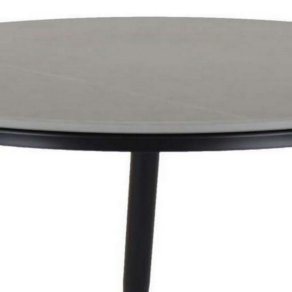 Tavi 24 Inch Plant Stand Side Table Round Gray Marble Top Black Metal By Casagear Home BM315594