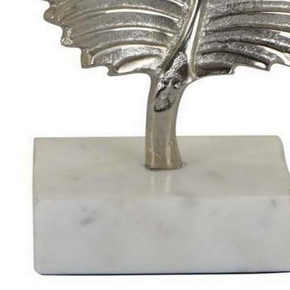 Boki 14 Inch Tabletop Decoration, Silver Leaf Sculpture, White Round Base By Casagear Home