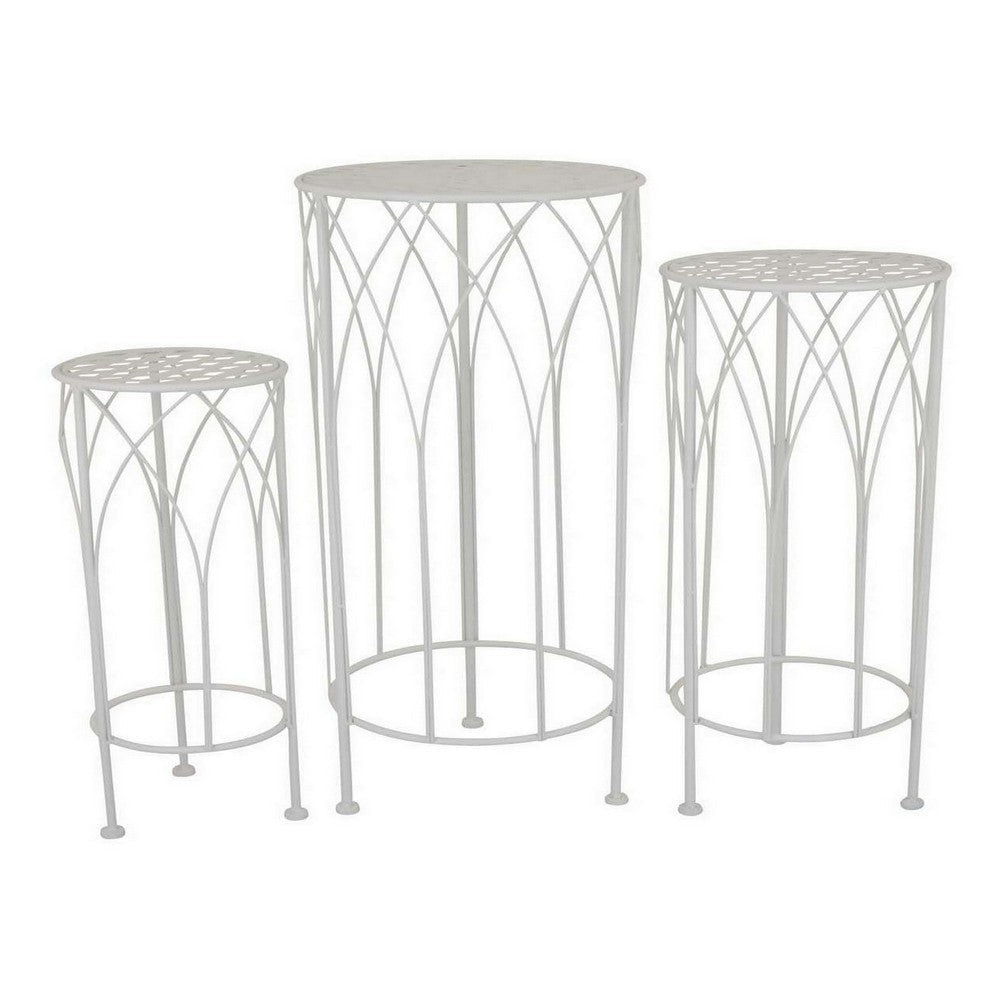 Lyi Plant Stand Table Set of 3 Round Carved Cutout Wired Base White Metal By Casagear Home BM315610