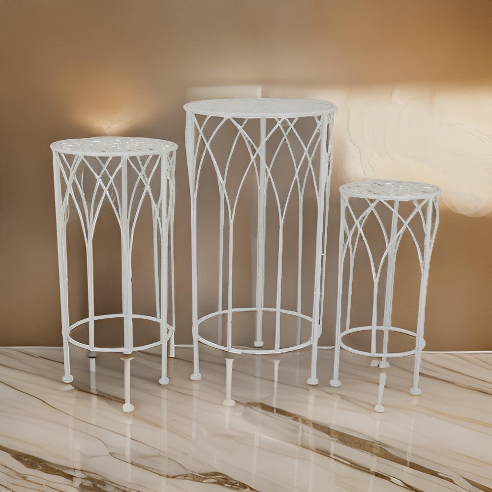 Lyi Plant Stand Table Set of 3, Round Carved Cutout, Wired Base White Metal By Casagear Home