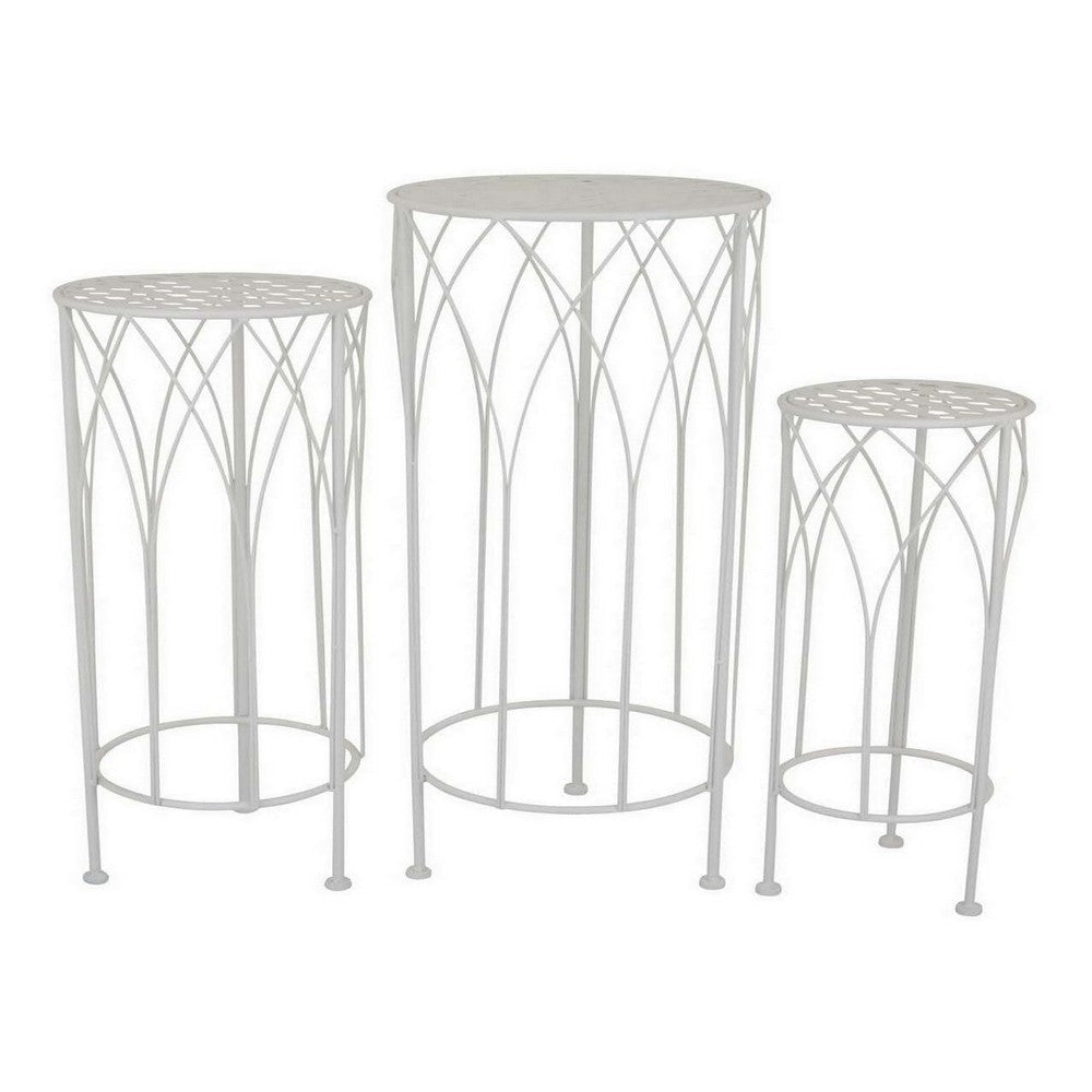 Lyi Plant Stand Table Set of 3 Round Carved Cutout Wired Base White Metal By Casagear Home BM315610