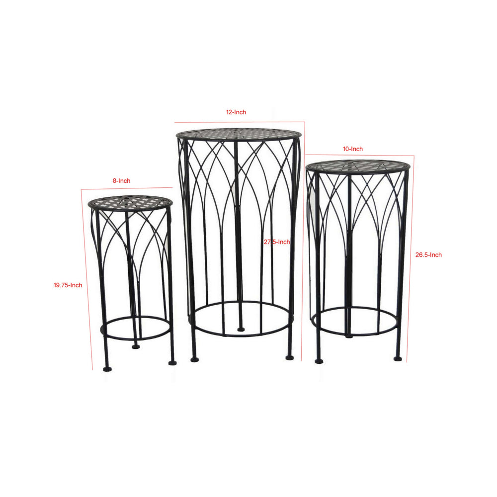 Lyi Plant Stand Table Set of 3, Round Carved Cutout, Wired Base Black Metal By Casagear Home