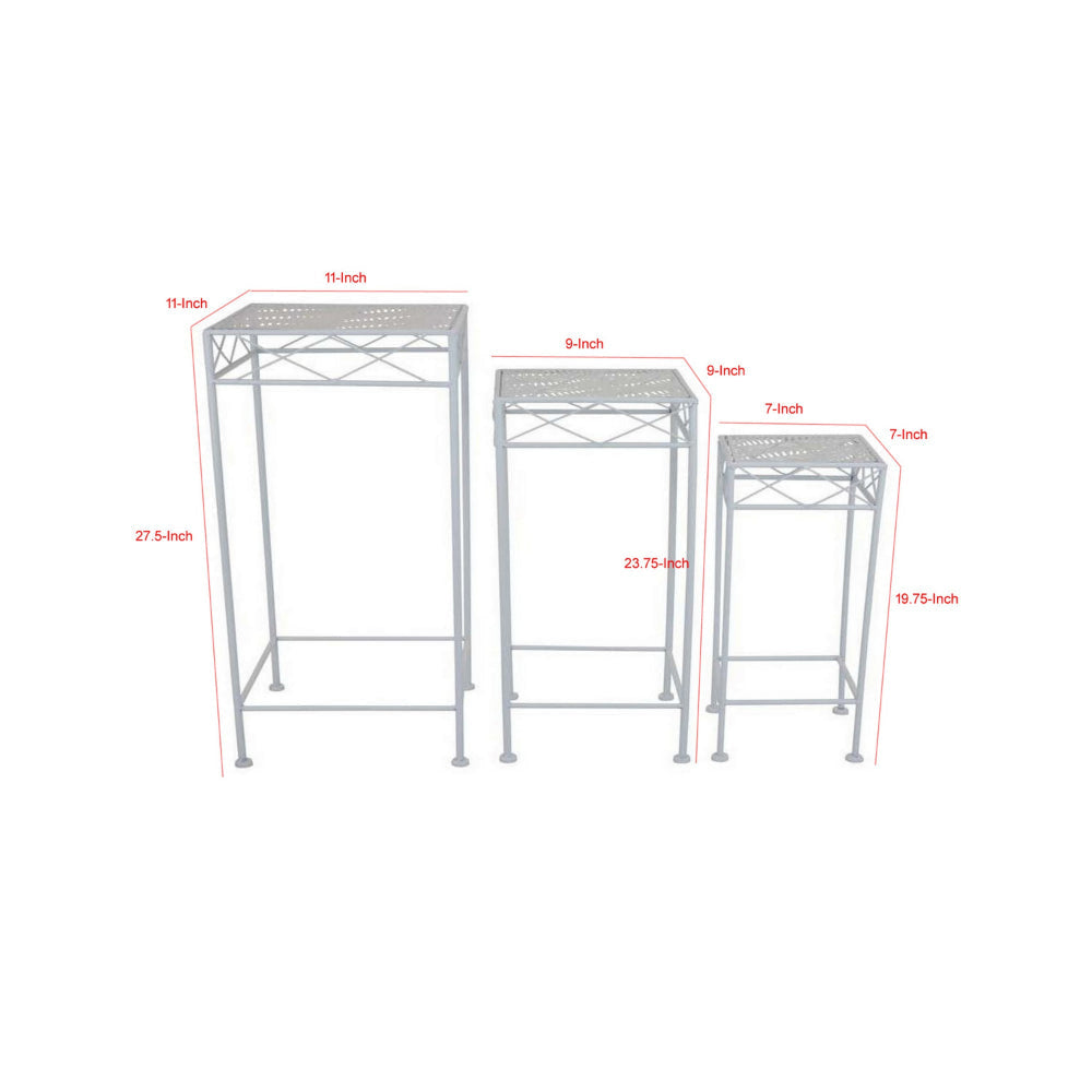 Kyi Nesting Plant Stand Set of 3, Square Carved Cutout Display, White Metal By Casagear Home