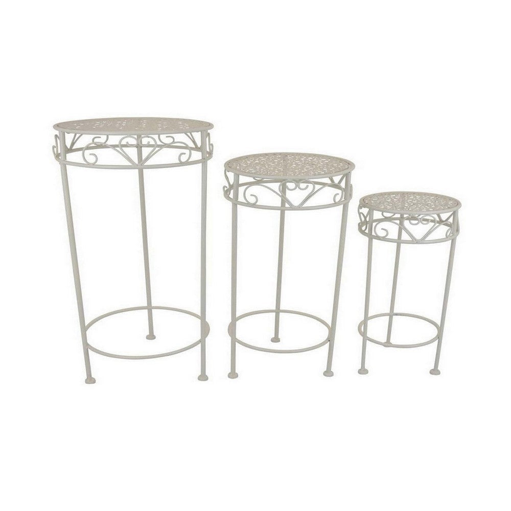 Kyi Nesting Plant Stand Set of 3 Round Carved Cutout Display Ivory Metal By Casagear Home BM315620