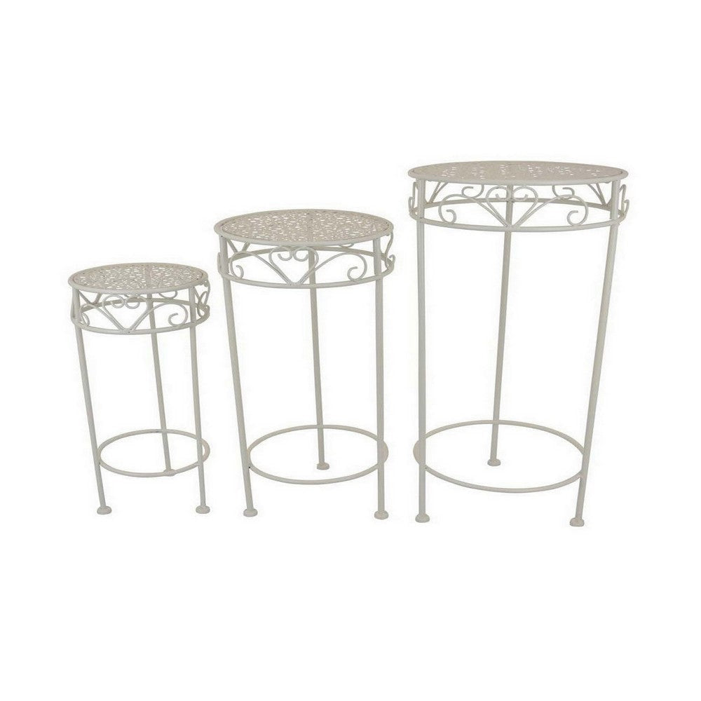 Kyi Nesting Plant Stand Set of 3 Round Carved Cutout Display Ivory Metal By Casagear Home BM315620