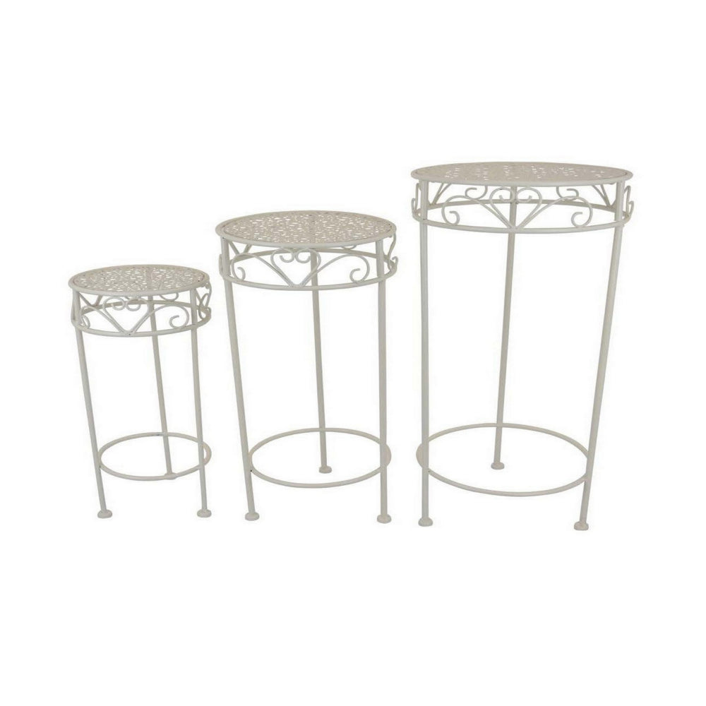 Kyi Nesting Plant Stand Set of 3, Round Carved Cutout Display, Ivory Metal By Casagear Home
