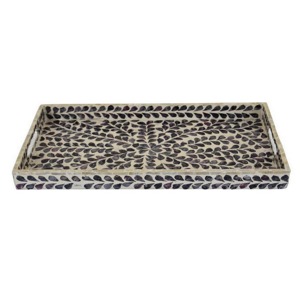 18 Inch Decorative Serving Tray, Rectangular Fern Pattern Purple White Wood By Casagear Home