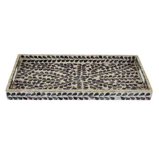 18 Inch Decorative Serving Tray, Rectangular Fern Pattern Purple White Wood By Casagear Home