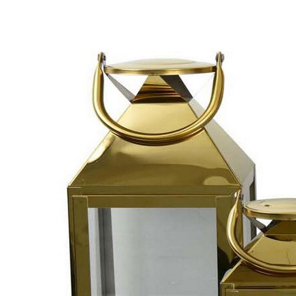 Davi Set of 3 Decorative Lanterns, Curved Handles, Glass Panel, Brass Metal By Casagear Home