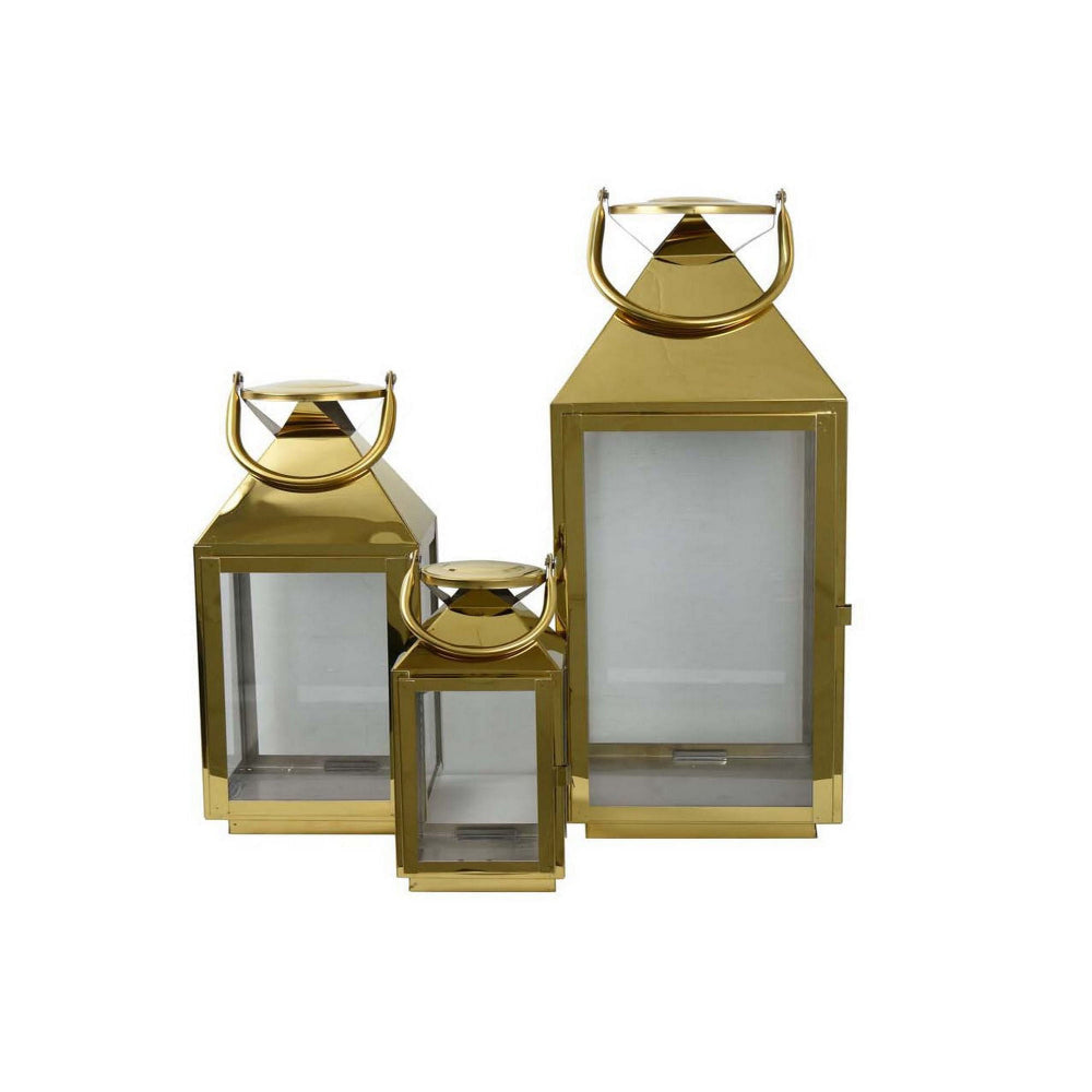 Davi Set of 3 Decorative Lanterns, Curved Handles, Glass Panel, Brass Metal By Casagear Home