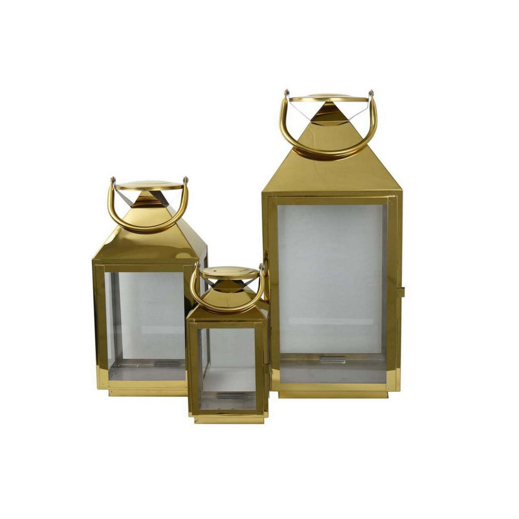 Davi Set of 3 Decorative Lanterns Curved Handles Glass Panel Brass Metal By Casagear Home BM315626