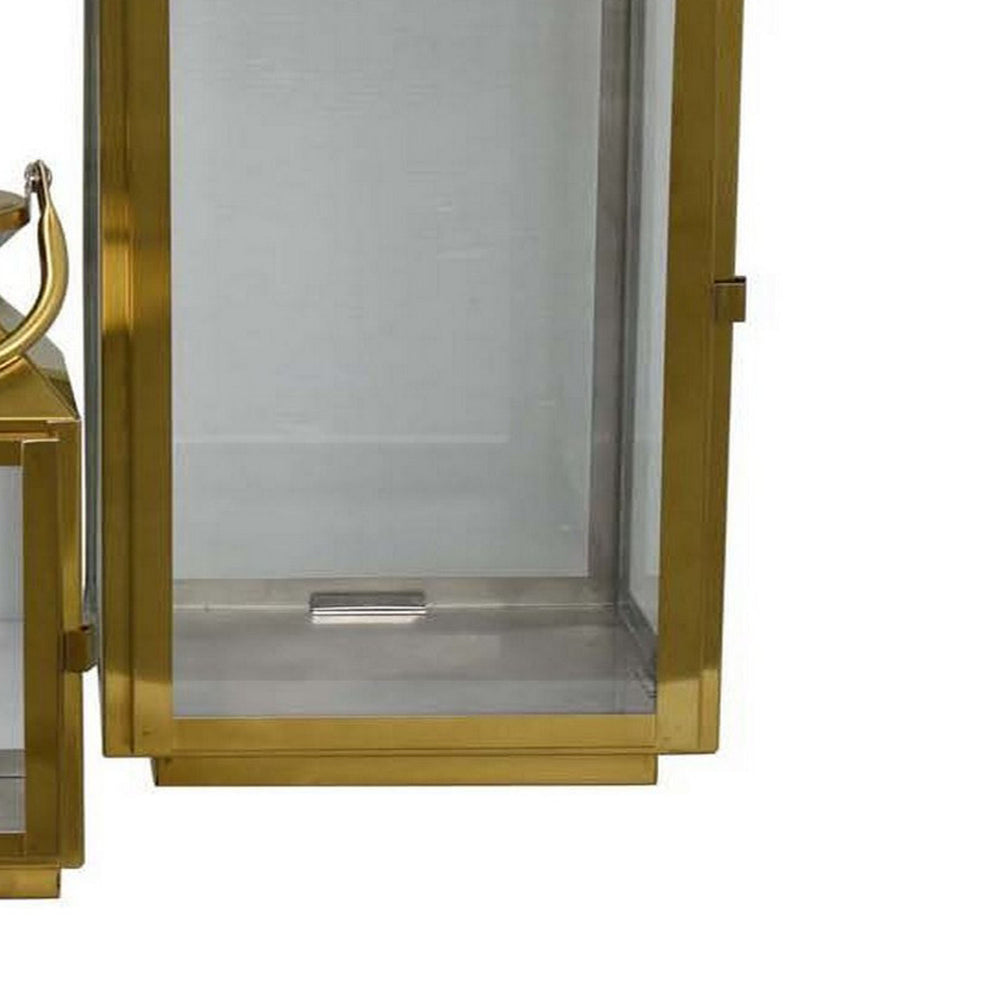 Davi Set of 3 Decorative Lanterns, Curved Handles, Glass Panel, Gold Metal By Casagear Home