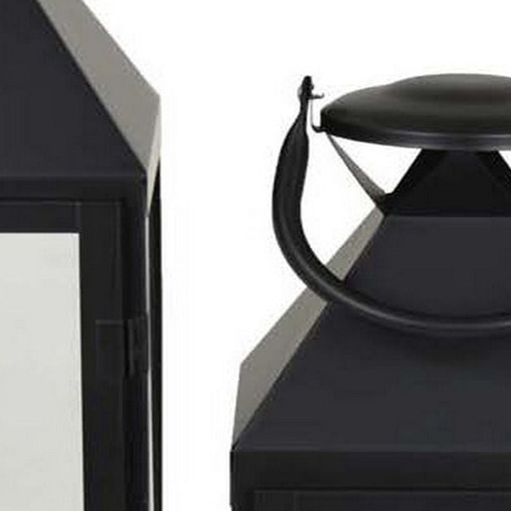 Davi Set of 3 Decorative Lanterns Curved Handles Glass Panel Black Metal By Casagear Home BM315628